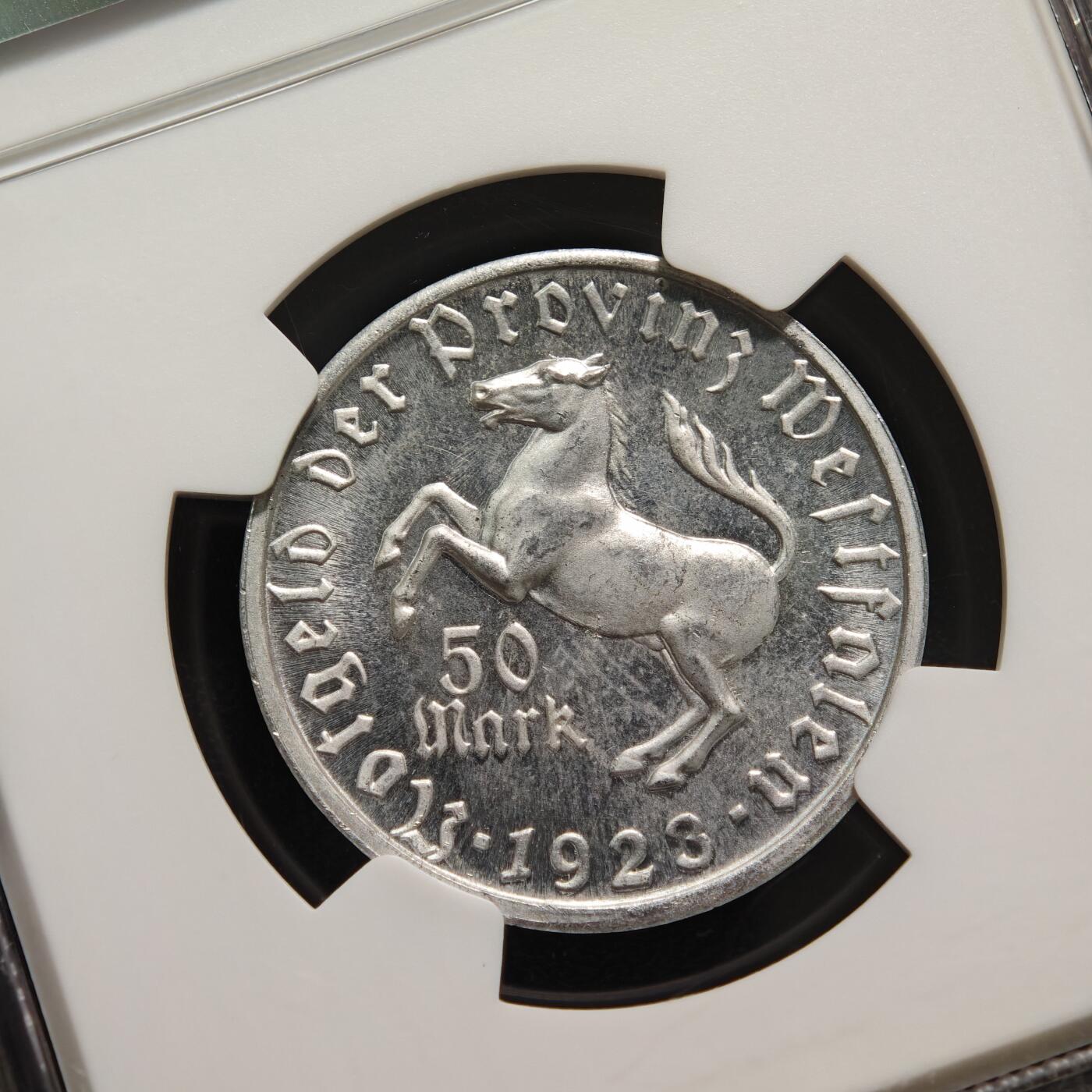 【德藏】世界币章拍卖第152期（拍品征集中~欢迎藏友联系） 1923年 德国德紧威斯特法伦女诗人像50马克马币铝币  原光十足 NGC MS63