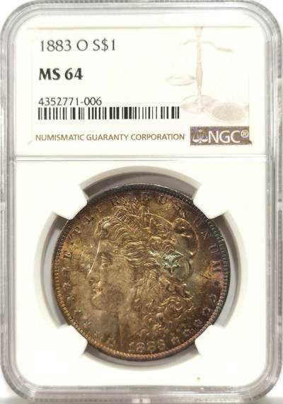 博洋堂“物美丰成”11月精品专场暨第145期（全场包邮） - NGC MS64 美国1883年摩根银币O厂 女神面火烧云满彩带月牙，鹰面RAINBOW七彩细月牙，收藏级彩摩根