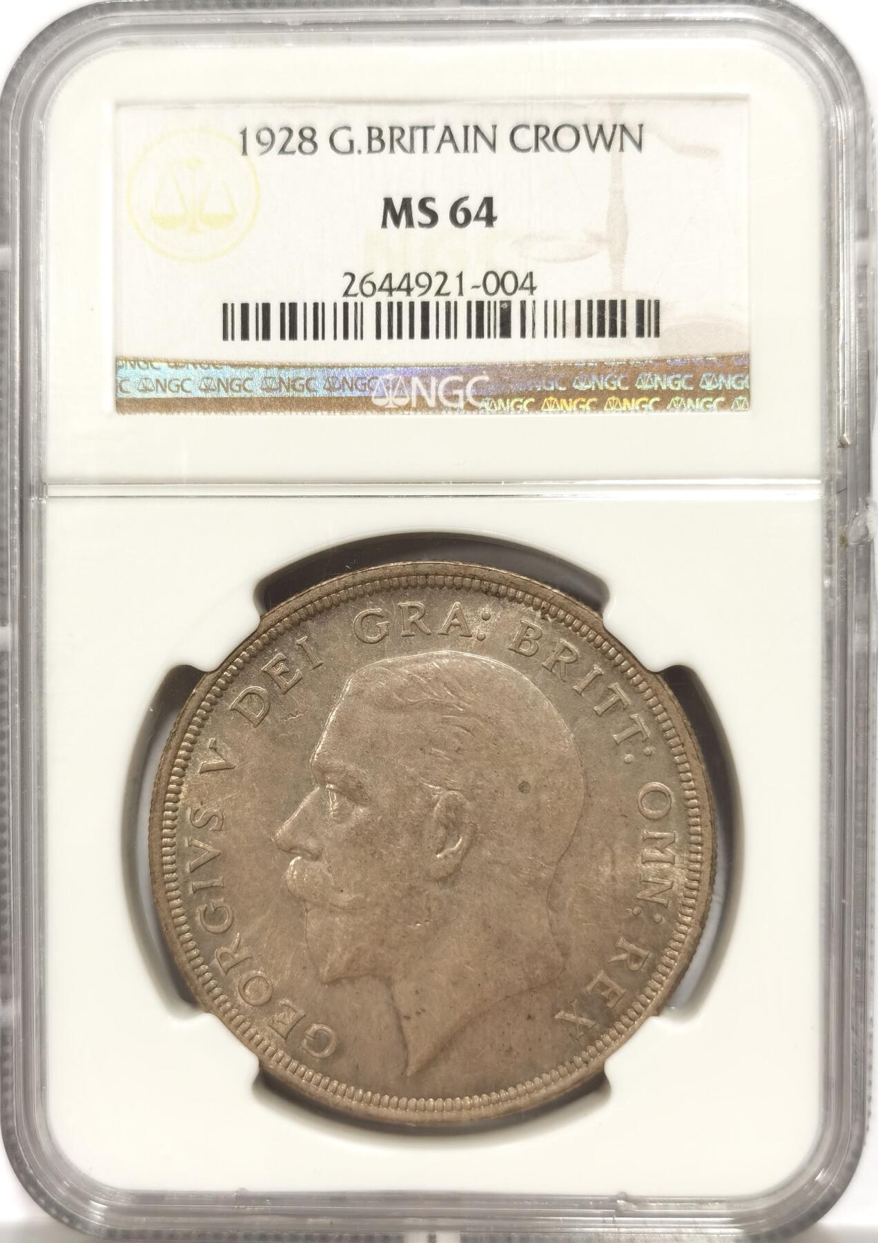 博洋堂“物美丰成”11月精品专场暨第145期（全场包邮） NGC MS64 英国1928年乔治五世花冠克朗银币 特年，发行量9034枚，两面非常好看的紫灰色包浆，花冠少有这样的醇熟包浆