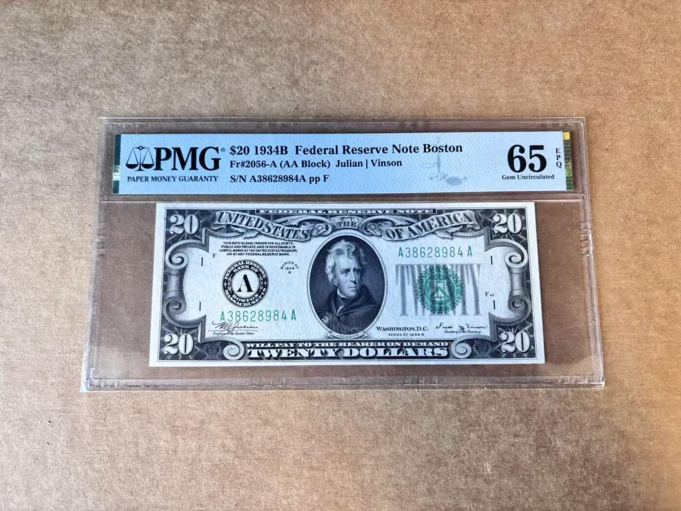 【Blue Auction】世界纸币精拍第747期——18级TOP拍卖/信誉/品质/专业/高效💫 【AA】美国 1934B  20美金 PMG65EPQ 波士顿版
