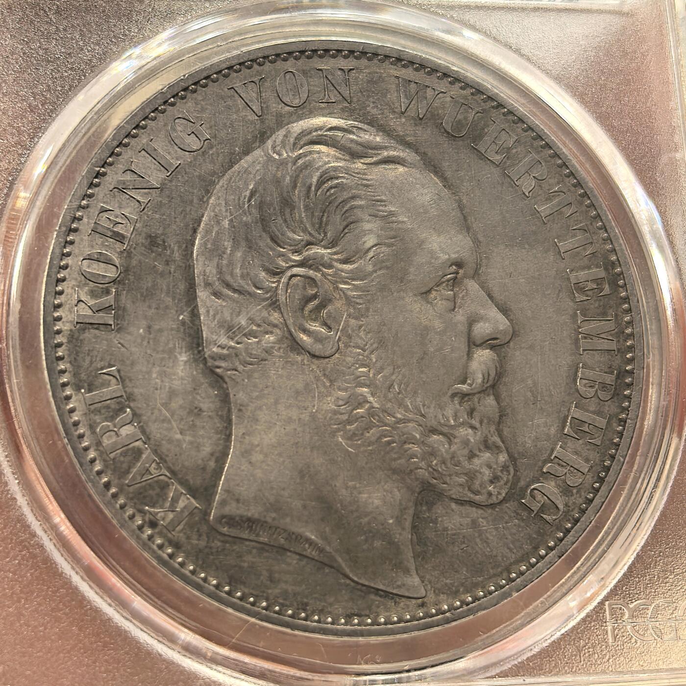 博洋堂“物美丰成”11月精品专场暨第145期（全场包邮） PCGS AU92 德国符腾堡1869年教堂2泰勒大银币，铸量千余枚，工艺精美，德系必备，包浆熟美，疑PCGS错杀