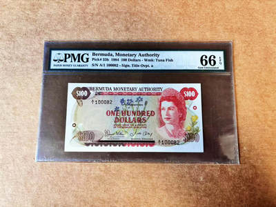 【Blue Auction】世界纸币精拍第747期——18级TOP拍卖/信誉/品质/专业/高效💫 -     【A/1冠 该签名82小号】百慕大 1984年100元 高冠女王 PMG66EPQ 老壳 