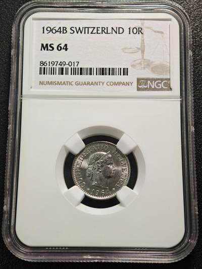 【德藏】世界币章拍卖第152期（拍品征集中~欢迎藏友联系） - 1964年 瑞士10生丁海尔维蒂女神镍币 原光十足 NGC MS64
