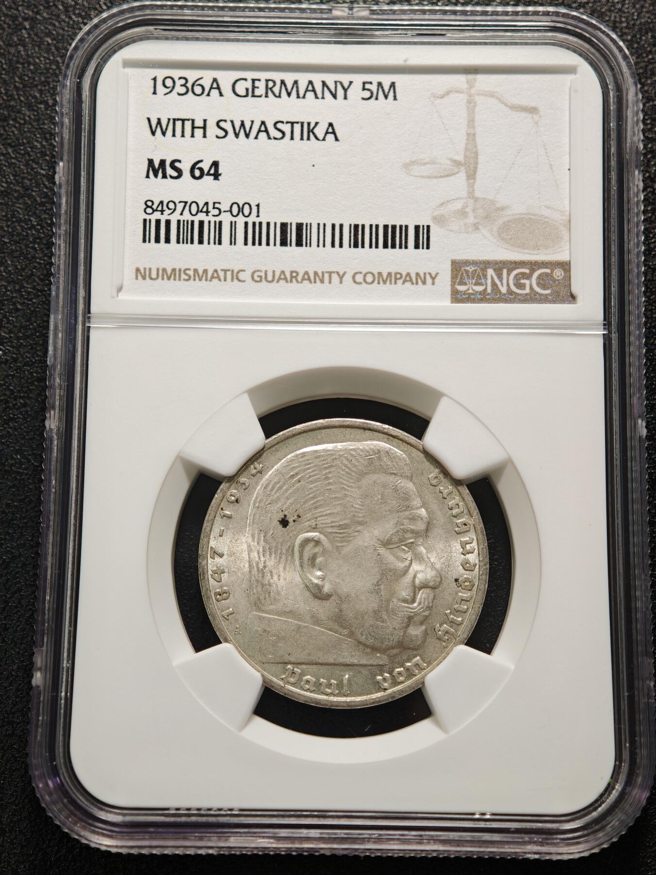 【德藏】世界币章拍卖第152期（拍品征集中~欢迎藏友联系） 1936年 德国兴登堡头像5马克银币 原光十足 NGC MS64 （原图请查询NGC评级公司官网）