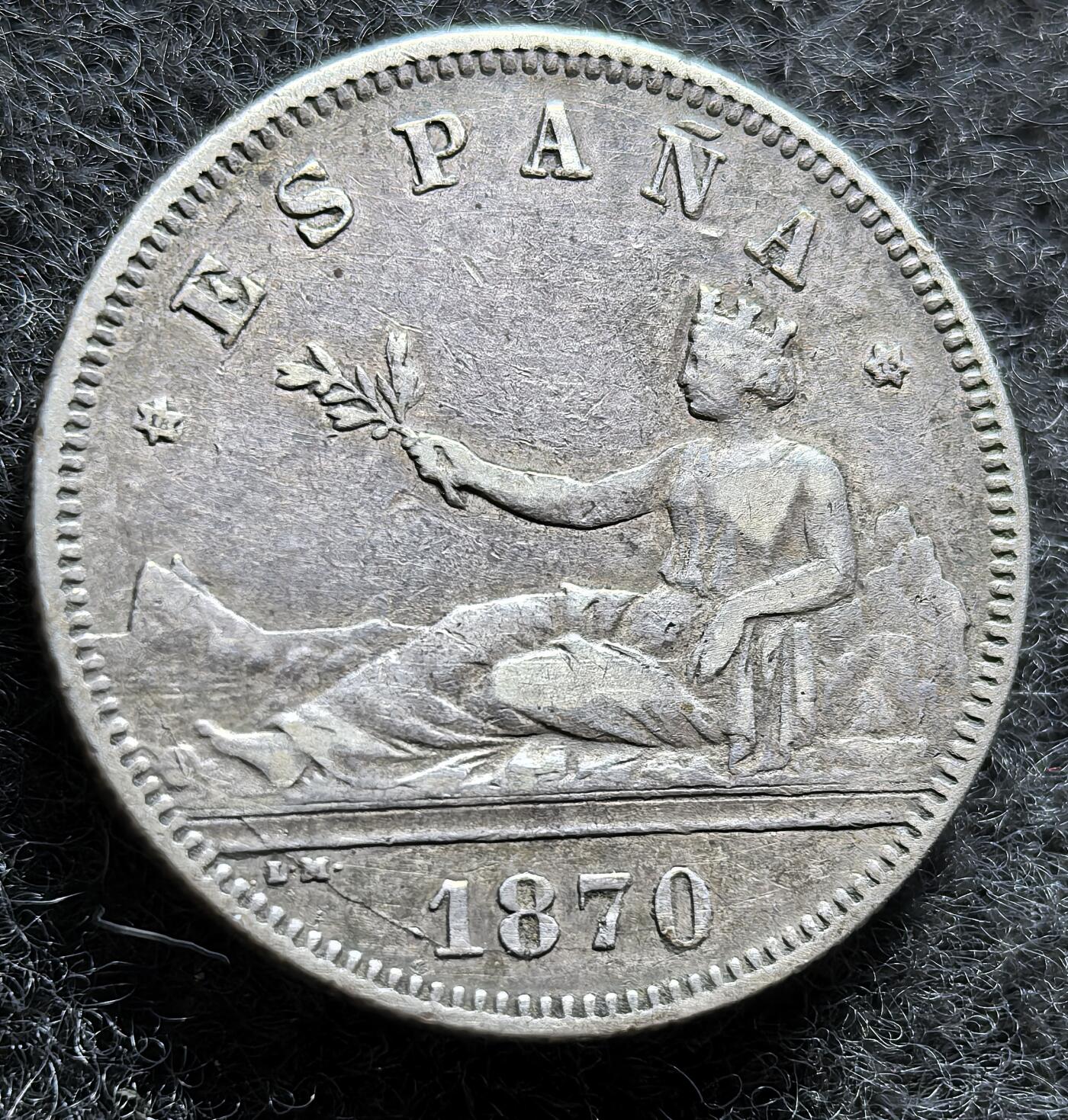 西班牙、丹属西印度、法属殖民地、乌拉圭银币古铜币，周五晚上九点倒数截拍，满百包邮，可寄存半年，喜欢朋友微信扫描二维码可直接参拍 西班牙1870年2比塞塔银币km654