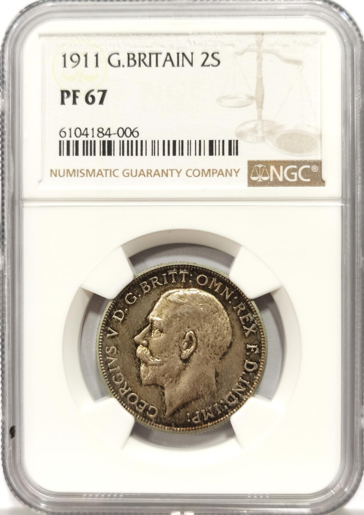 博洋堂“物美丰成”11月精品专场暨第145期（全场包邮） NGC PF67 英国1911年乔治五世精制1弗洛林银币 英系经典品种，镜面效果好，尤其背面，蓝金彩，少见彩系，非常漂亮