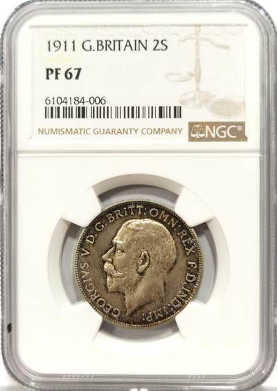 博洋堂“物美丰成”11月精品专场暨第145期（全场包邮） - NGC PF67 英国1911年乔治五世精制1弗洛林银币 英系经典品种，镜面效果好，尤其背面，蓝金彩，少见彩系，非常漂亮