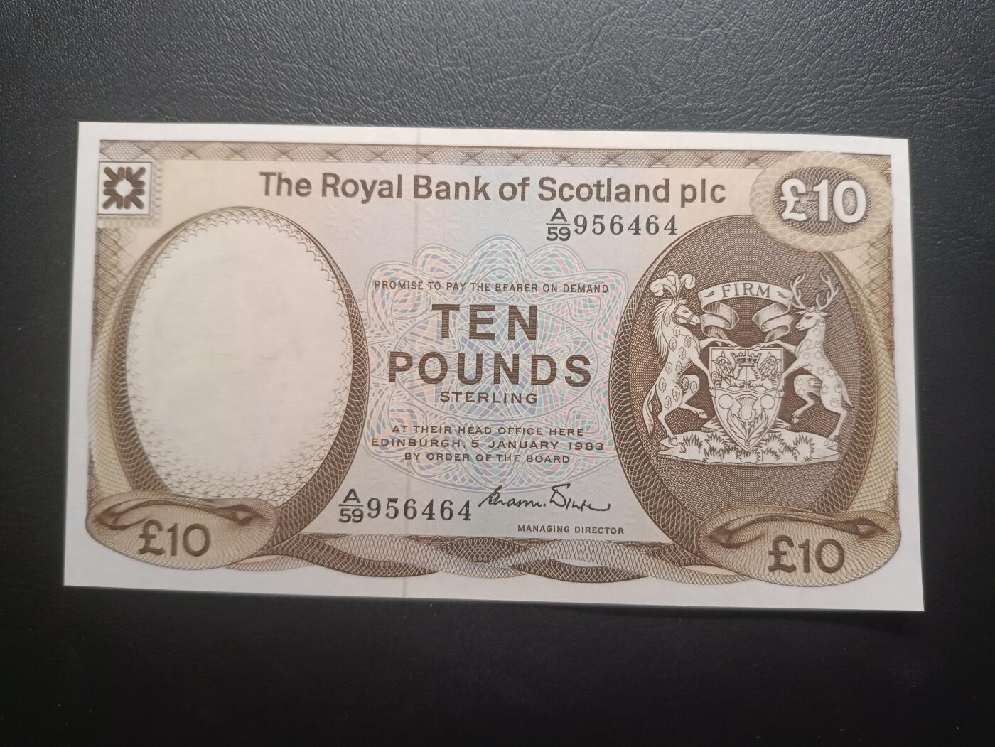 2025十一月第二期，总第200期 苏格兰皇家银行1983年10镑UNC，银行徽章和格里米斯城堡，早期少见品种