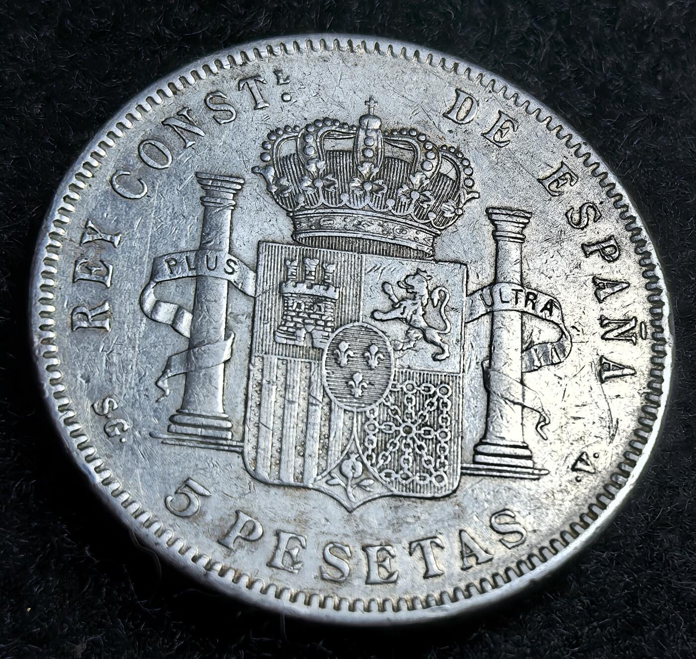 西班牙、丹属西印度、法属殖民地、乌拉圭银币古铜币，周五晚上九点倒数截拍，满百包邮，可寄存半年，喜欢朋友微信扫描二维码可直接参拍 AU品相西班牙1898年5比塞塔大银币，km707