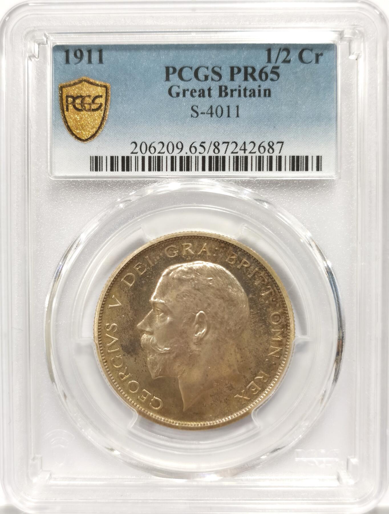 博洋堂“物美丰成”11月精品专场暨第145期（全场包邮） PCGS PR65 英国1911年乔治五世1/2克朗精制银币 镜面效果很好，发财金好彩，状态贼好