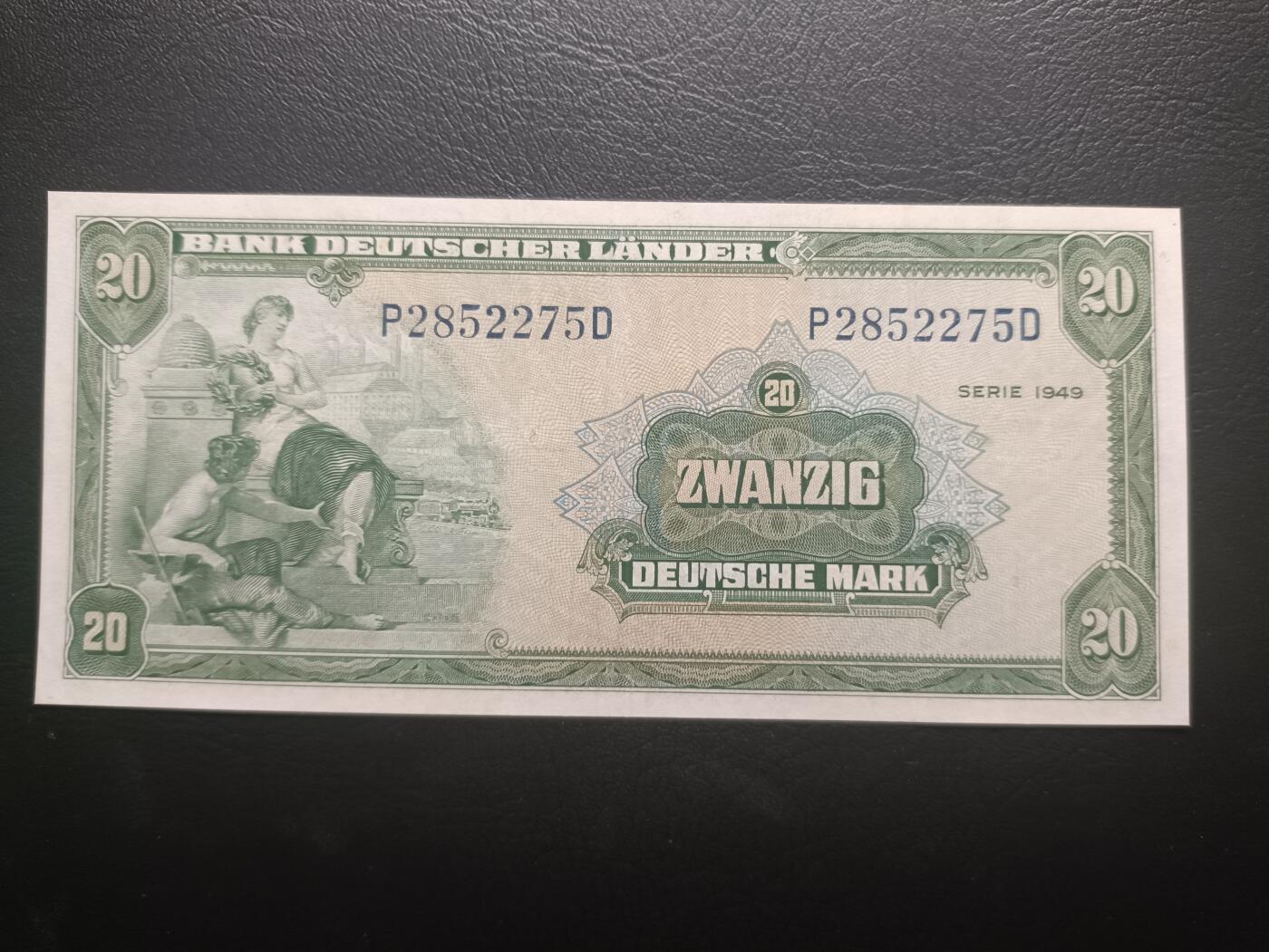 2025十一月第二期，总第200期 德国1949版20马克AUNC，后期“德意志国家银行”抬头，铁匠和桂冠女神