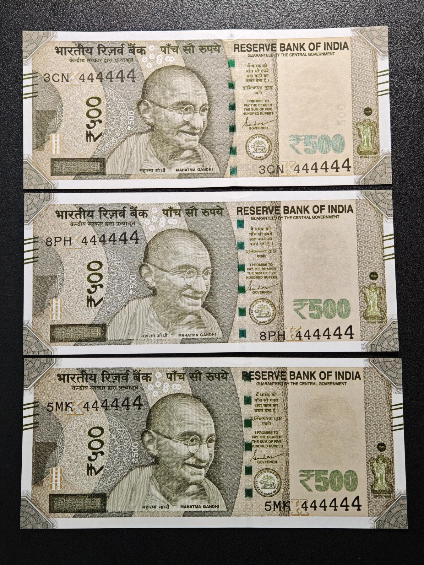 【德藏】世界币章拍卖第152期（拍品征集中~欢迎藏友联系）  顶级靓号 3张一组 印度500卢比 444444 小通天号