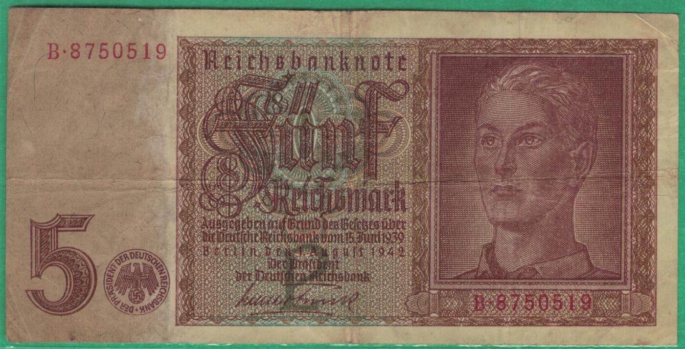 德国1940年至1945年5马克(二战时期) P-R138a 七位号码 无4 实物图 八五品