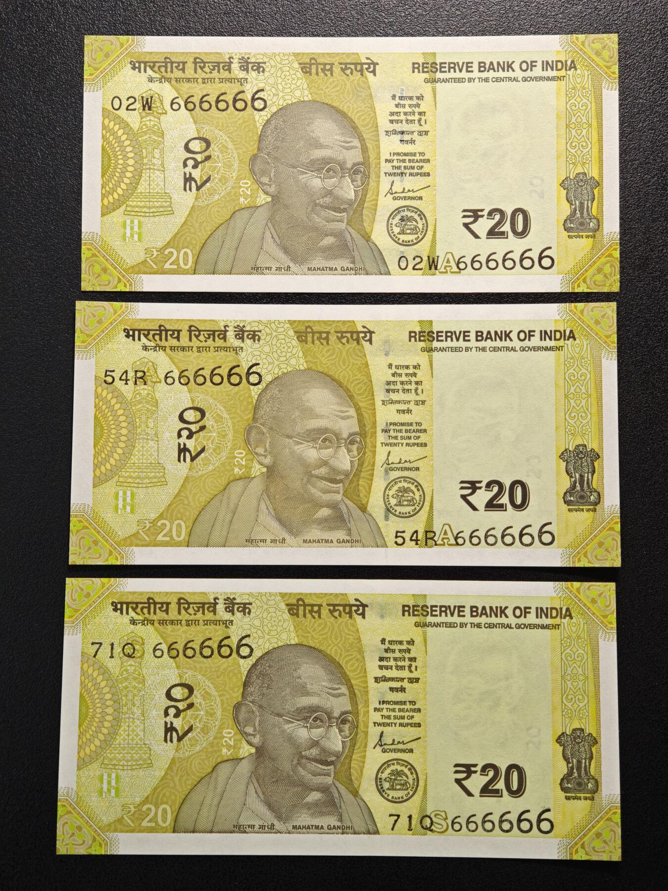 【德藏】世界币章拍卖第152期（拍品征集中~欢迎藏友联系） 顶级靓号 3张一组 印度20卢比 666666 小通天号