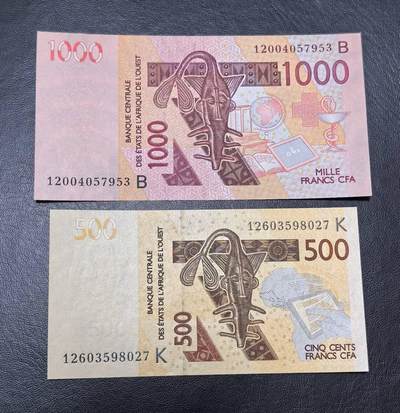 北京马甸外国币专卖第146期，外国纸币币专场，陆续上拍，欢迎关注 - 西非共同体（贝宁）2003年1000法郎纸币，西非500法郎 2012年 塞内加尔K冠 。2张纸币全新 