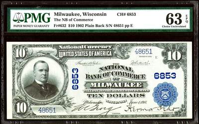 【Blue Auction】世界纸币精拍第747期——18级TOP拍卖/信誉/品质/专业/高效💫 - 【手签字迹清晰】美国 威斯康辛州 密尔沃基（现在NBA雄鹿队所在地） 1902年10美金 正面人物为美国第25任总统威廉·麦金莱（也是500美金上的人物）背面女神&蒸汽船&军舰 象征工业化革命 PMG63EPQ 大票幅雕刻精美 老壳 