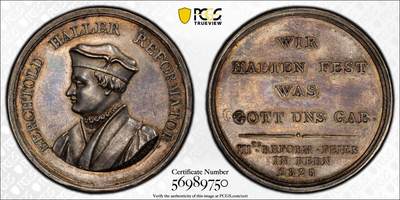万国钱币拍卖第054期 - PCGS MS63 1828年瑞士伯尔尼贝希托尔德·哈勒宗教改革300周年纪念银章 罕见瑞士宗教纪念五彩浮雕
