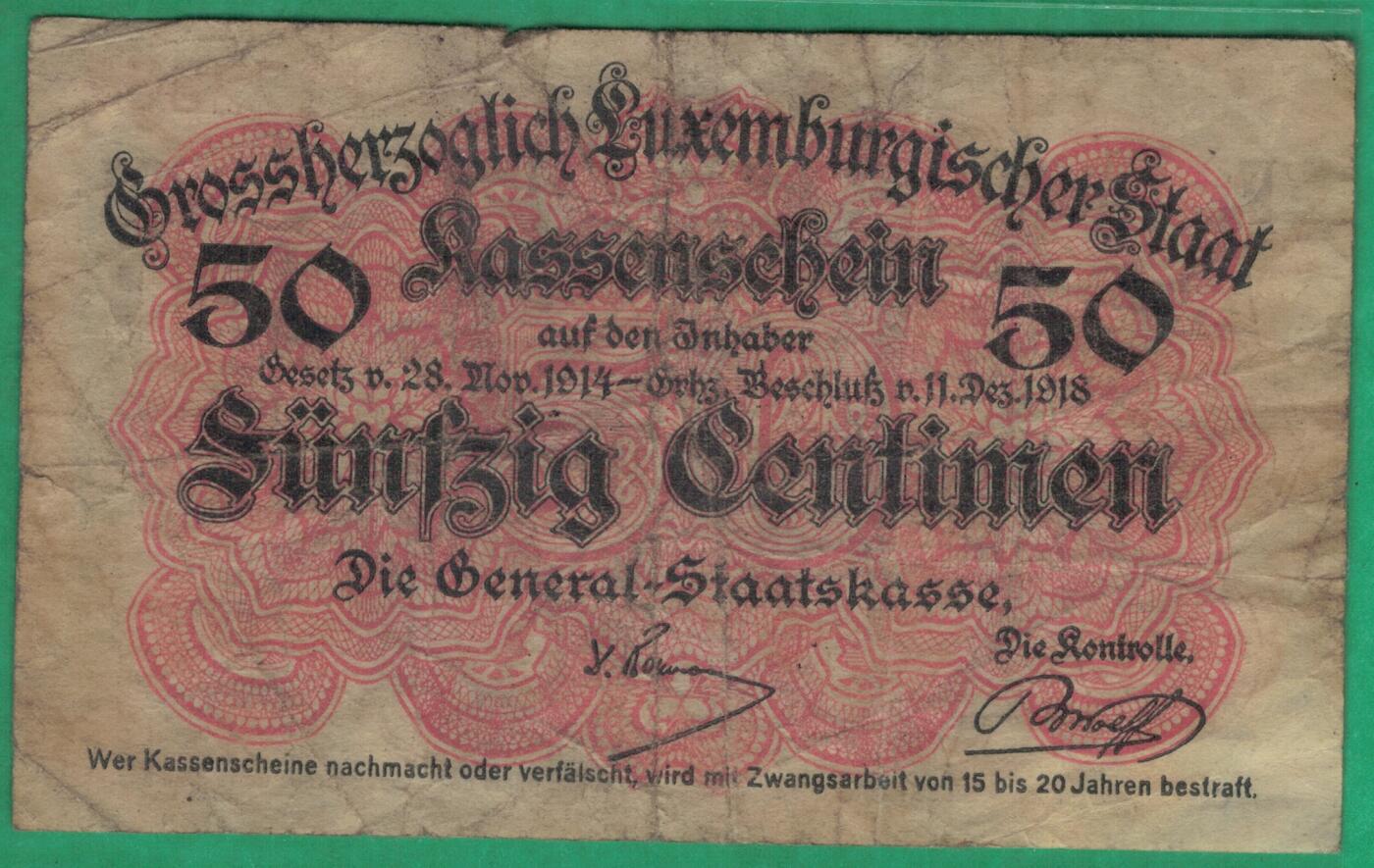 卢森堡1914年至1918年(1919年)50分 P-26 无4 实物图 八五品 稀少