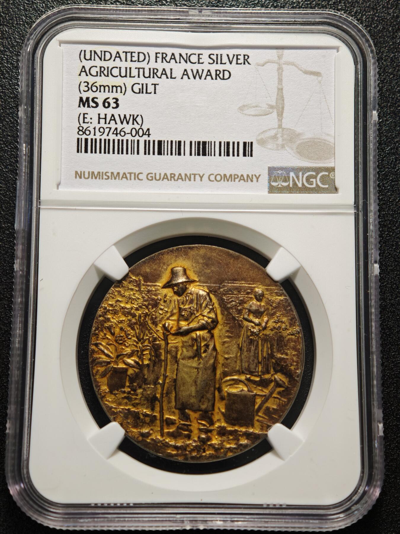 【德藏】世界币章拍卖第152期（拍品征集中~欢迎藏友联系） 19世纪 法国农业协会奖章镀金纪念银章 未刻字 设计细节丰富 立体感非常强 NGC MS63