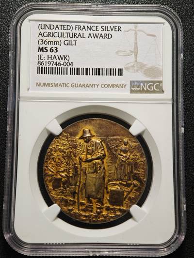【德藏】世界币章拍卖第152期（拍品征集中~欢迎藏友联系） - 19世纪 法国农业协会奖章镀金纪念银章 未刻字 设计细节丰富 立体感非常强 NGC MS63
