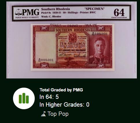 【Blue Auction】世界纸币精拍第747期——18级TOP拍卖/信誉/品质/专业/高效💫 【冠军分 样钞】英属南罗德西亚 1939-51年10先令 PMG64 英王乔六 背面为非洲最大瀑布——维多利亚大瀑布 老壳 雕刻精美 值得收藏   