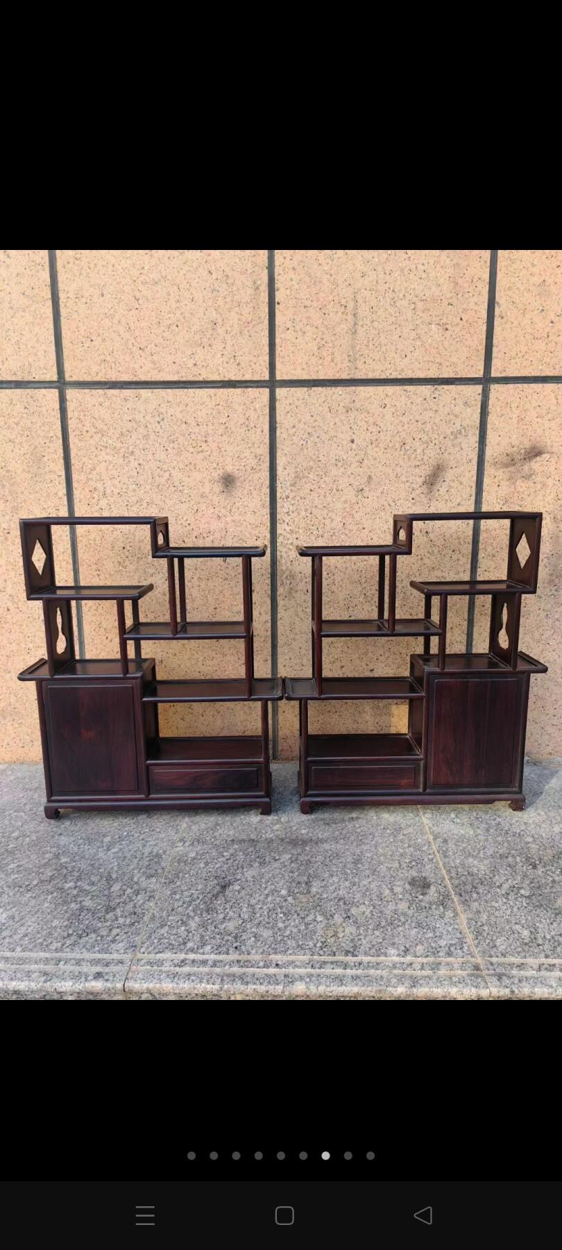 民国时期老红木（大红酸枝交趾黄檀）博古架一对，造型独特独树一帆，传承百年老皮壳老包浆卯榫结构，整体结实不松动经济实惠耐用，入手即用无需忧虑！