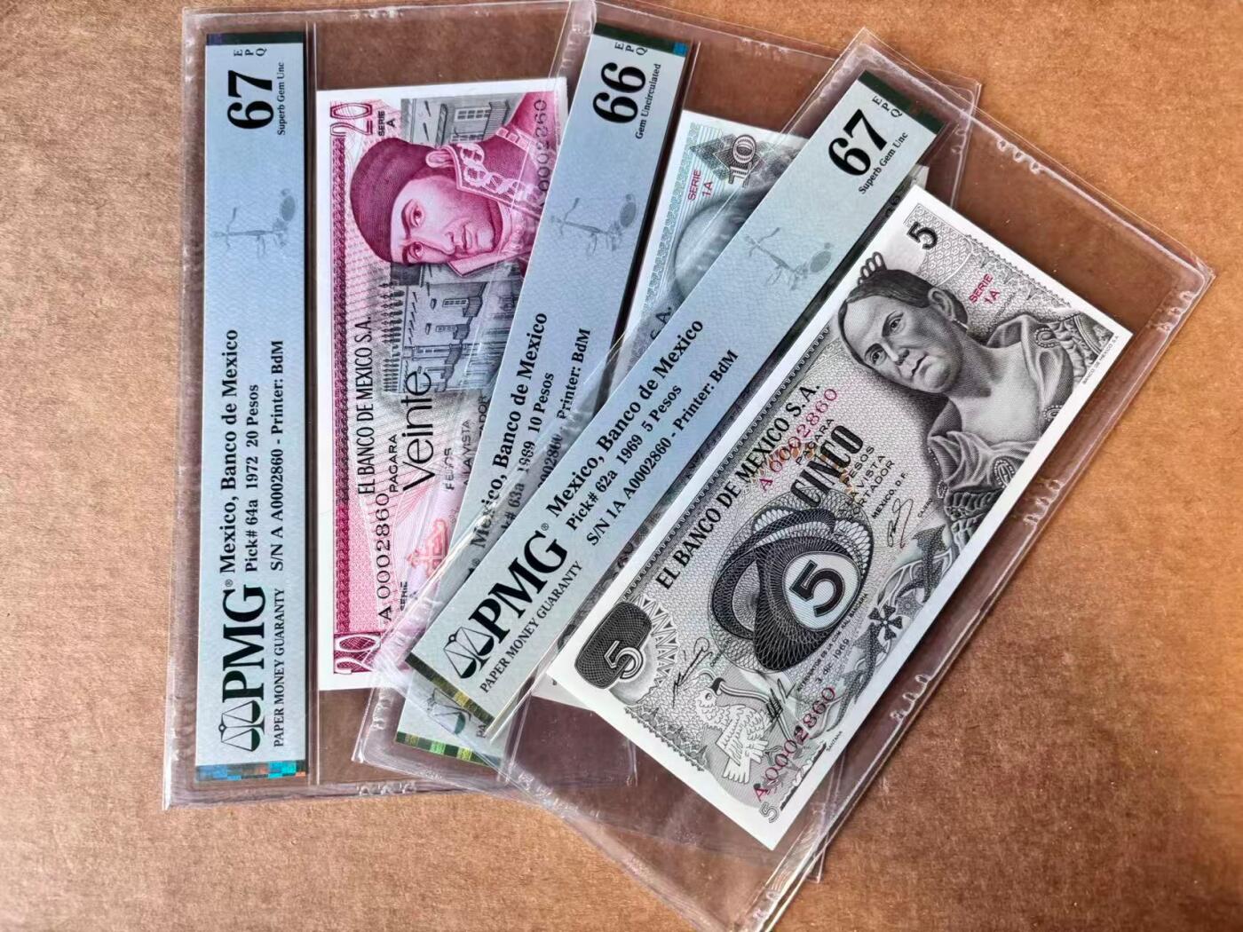 【Blue Auction】世界纸币精拍第747期——18级TOP拍卖/信誉/品质/专业/高效💫 【一组13张 首发全同千位小号无47】墨西哥 1969-88年5-10万比索 背面古迹 设计精美 PMG68EPQ-65EPQ 