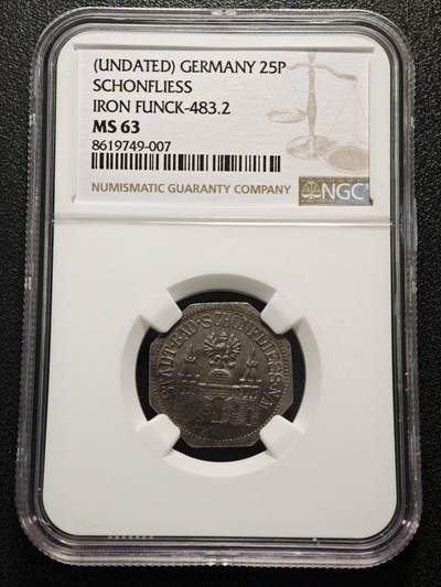 【德藏】世界币章拍卖第152期（拍品征集中~欢迎藏友联系） - 德国紧急时期施恩弗莱斯25芬尼铁币  保存不易 状态极佳 NGC MS63