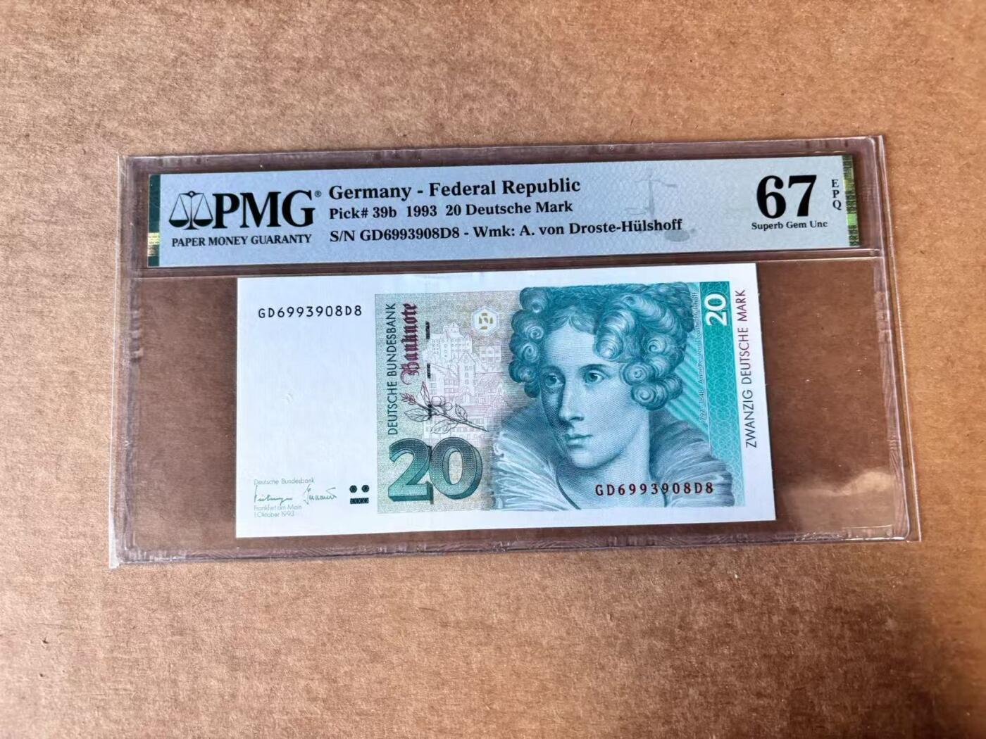 【Blue Auction】世界纸币精拍第747期——18级TOP拍卖/信誉/品质/专业/高效💫 【无47】德国 1993年20马克  PMG67EPQ