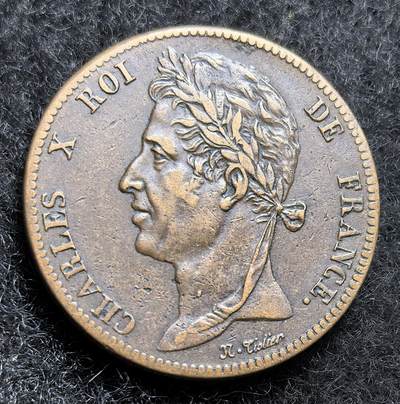 西班牙、丹属西印度、法属殖民地、乌拉圭银币古铜币，周五晚上九点倒数截拍，满百包邮，可寄存半年，喜欢朋友微信扫描二维码可直接参拍 - 法属殖民地查理十世时期1825年5分流通于海地、瓜德罗普、马提尼克使用km10.1