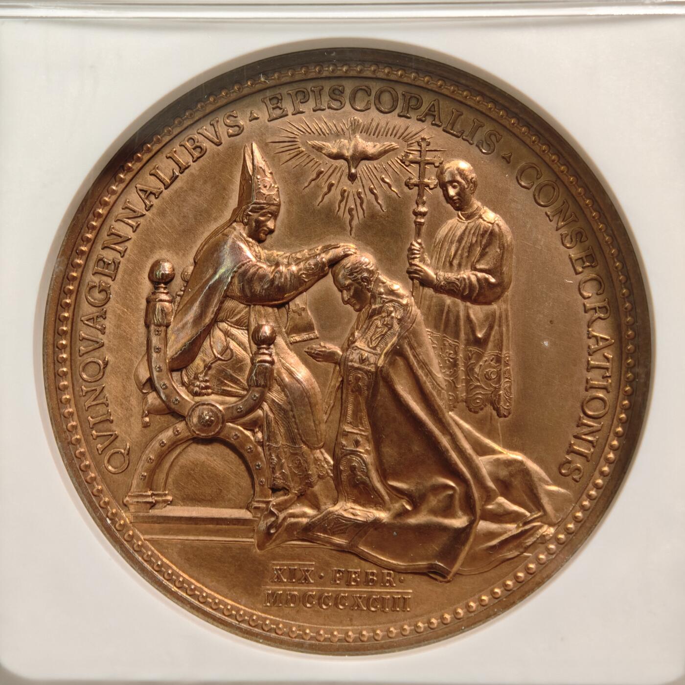 【德藏】世界币章拍卖第152期（拍品征集中~欢迎藏友联系） 1893年 梵蒂冈教皇利奥十三世高浮雕纪念铜章 细节设计立体且细腻 人物刻画传神 NGC UNC