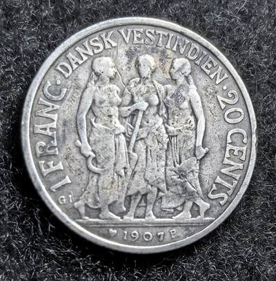 西班牙、丹属西印度、法属殖民地、乌拉圭银币古铜币，周五晚上九点倒数截拍，满百包邮，可寄存半年，喜欢朋友微信扫描二维码可直接参拍 - 好品丹属西印度1907年20分银币，km81