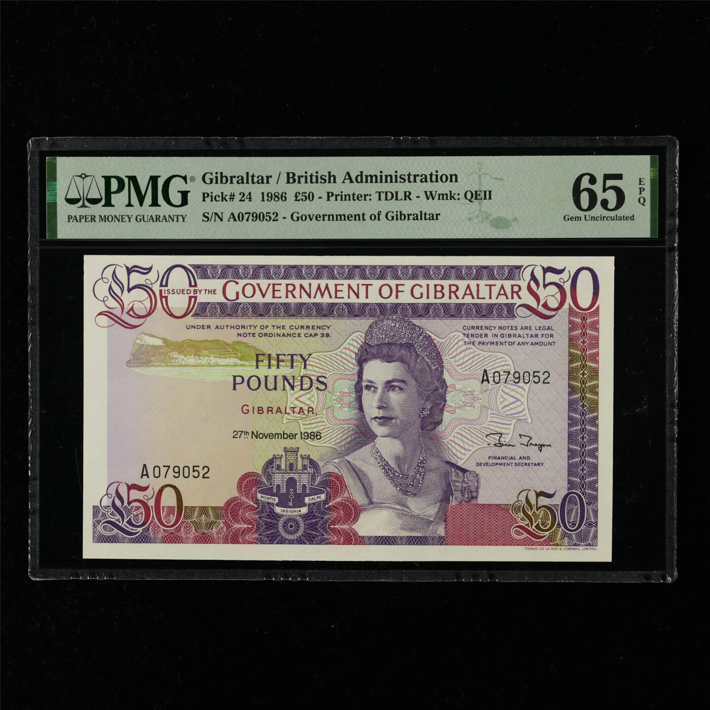 【亘邦集藏】第216期拍卖 1986年 直布罗陀50镑 PMG 65EPQ A079052