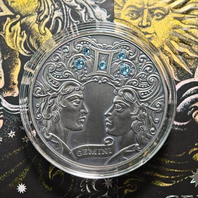 【德藏】世界币章拍卖第152期（拍品征集中~欢迎藏友联系） - 2014年 白俄罗斯十二星座系列镶嵌施华洛世奇水晶20卢布仿古银币-双子座 直径38.61mm；重28.28g，925银，原盒，立陶宛代铸
