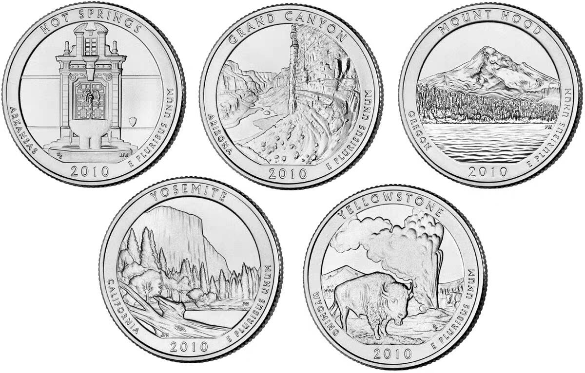 布加迪🐬～世界钱币(上海)🌾第 258 期 /  各国套币和散币 美国🇺🇸 2010年 25美分 国家公园纪念币系列5枚