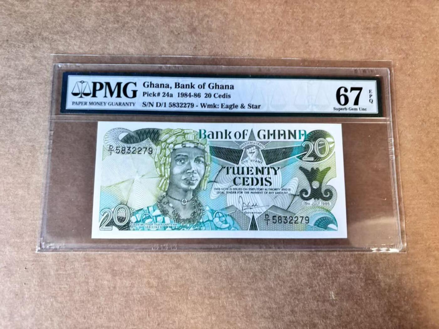 【Blue Auction】世界纸币精拍第747期——18级TOP拍卖/信誉/品质/专业/高效💫 【D/1首发冠】加纳 1984-86年20塞地  PMG67EPQ 