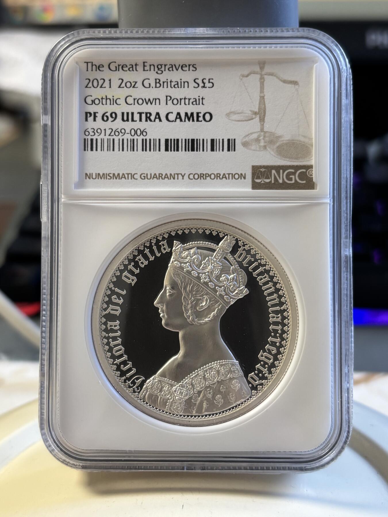 第181期拍卖  2021年英国5镑精制纪念加厚银币 雕刻师哥特人像NGC PF69无盒无证书，2盎司，999银