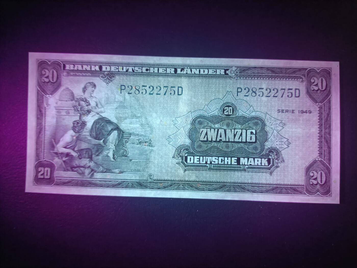 2025十一月第二期，总第200期 德国1949版20马克AUNC，后期“德意志国家银行”抬头，铁匠和桂冠女神