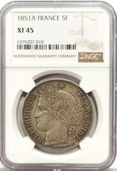 博洋堂“物美丰成”11月精品专场暨第145期（全场包邮） - NGC XF45 法国1851年第二共和国谷物女神5法郎大银币 热门品种