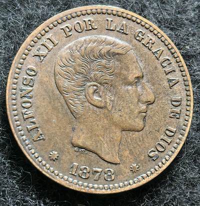 西班牙、丹属西印度、法属殖民地、乌拉圭银币古铜币，周五晚上九点倒数截拍，满百包邮，可寄存半年，喜欢朋友微信扫描二维码可直接参拍 - UNC品相西班牙1878年5分，km674