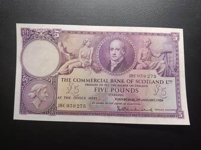 2025十一月第二期，总第200期 - 苏格兰商业银行1958年5镑AUNC，后期小票幅版本，银行创始人和19世纪初爱丁堡总行门口的热闹情景，少见品种