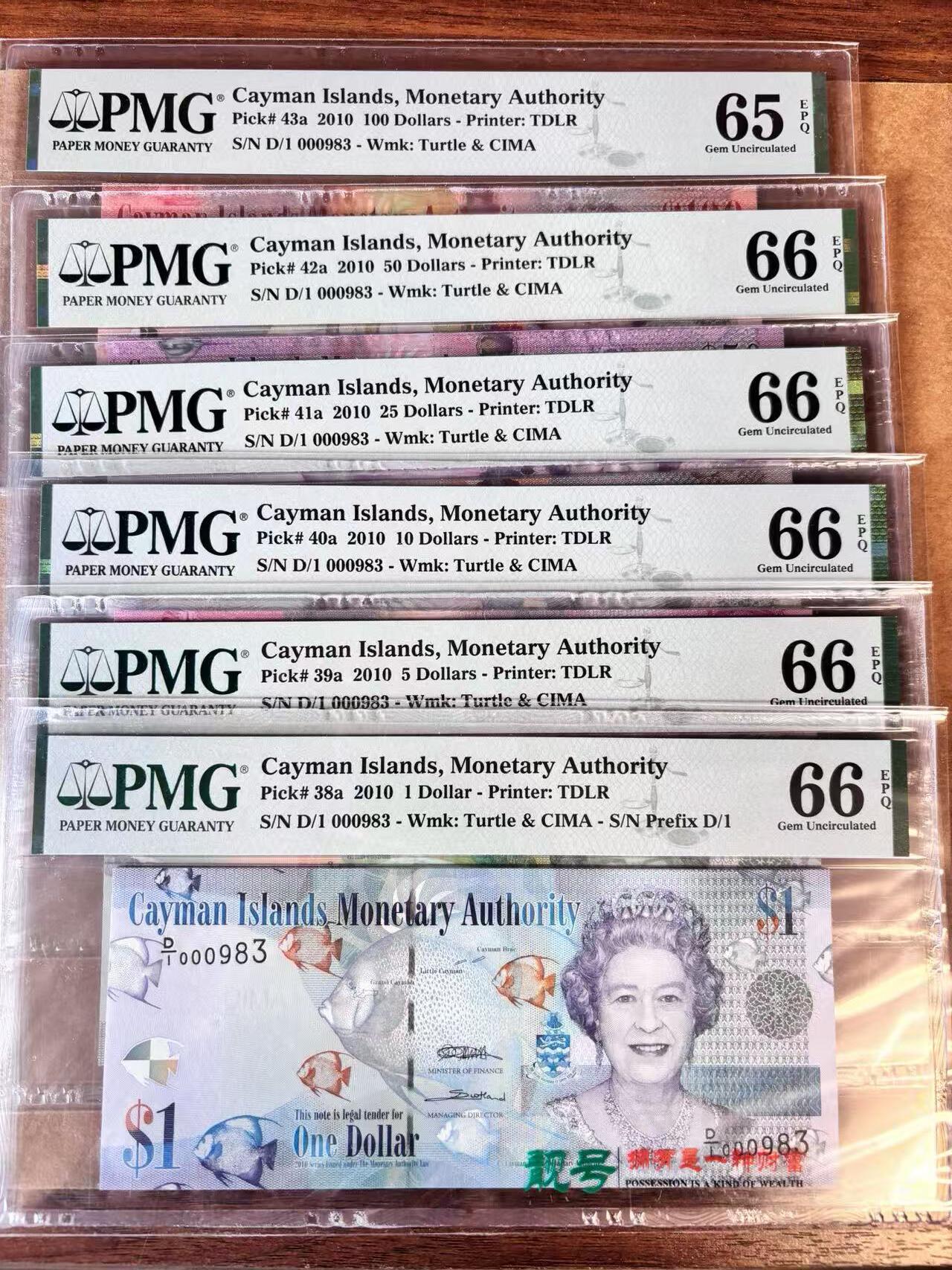 【Blue Auction】世界纸币精拍第747期——18级TOP拍卖/信誉/品质/专业/高效💫 【一组6张 首发全同百位小号无47】开曼群岛2010年1-100元 女王  PMG66EPQ-65EPQ