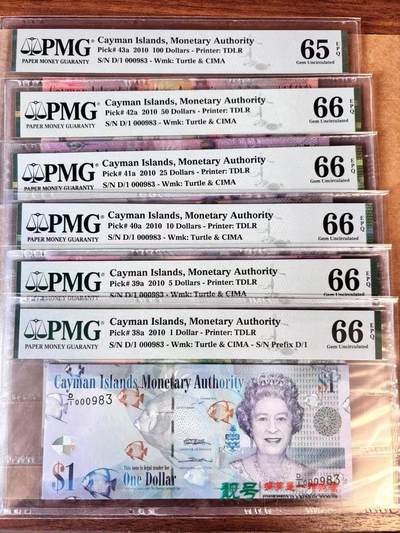 【Blue Auction】世界纸币精拍第747期——18级TOP拍卖/信誉/品质/专业/高效💫 - 【一组6张 首发全同百位小号无47】开曼群岛2010年1-100元 女王  PMG66EPQ-65EPQ
