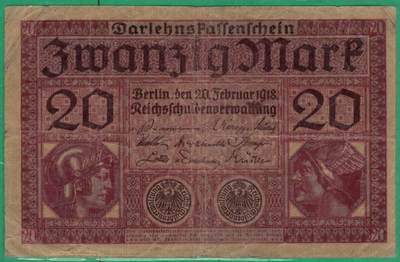 德国1918年20马克 P-57 一战战时债券 实物图 八五品 - 德国1918年20马克 P-57 一战战时债券 实物图 八五品