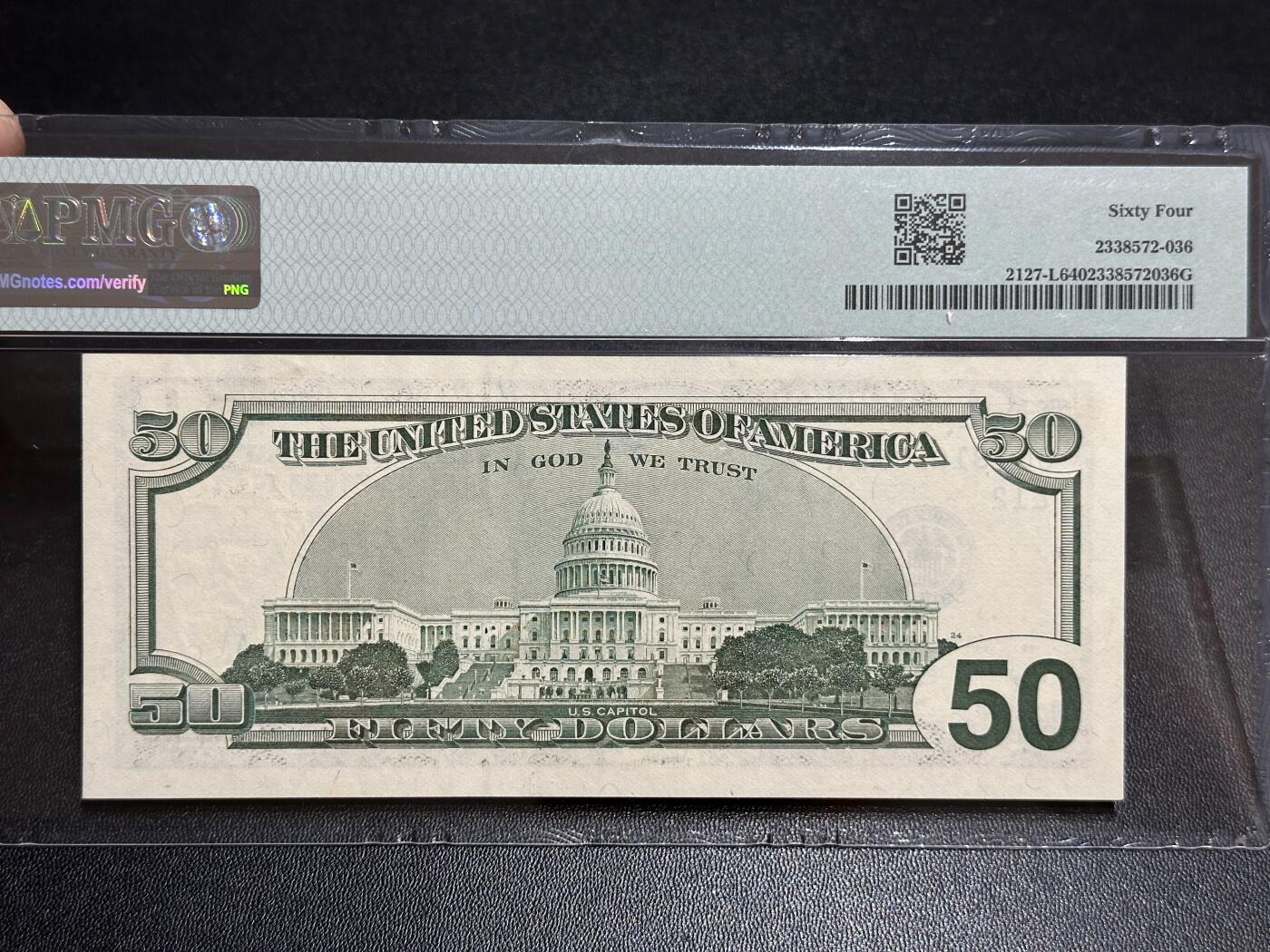 《外钞收藏家》第五百八十二期（精品场）（本平台长期征集拍品、欢迎藏友们联系合作） 2001年美国大头版50美元 PMG64