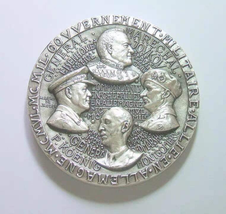 【艺术】法国艺术大章 二战盟军瓜分德国朱可夫艾森豪威尔蒙哥马利柯尼希 高浮雕精制超大镀银章 68MM厚6MM 206克