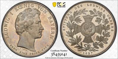 万国钱币拍卖第054期 - PCGS MS65 1827巴伐利亚路德维希勋章历史泰勒 1827年8月25日，路德维希一世以国王之名设立了路德维希勋章，用以表彰为王国服务满50周年的杰出人员，并敕令造币厂发行此历史泰勒加以纪念。系列中的罕见品种，BU级别更是难得一见，丝绸地板黄油转光。PC唯一冠军（评级盒背面左上缺角）