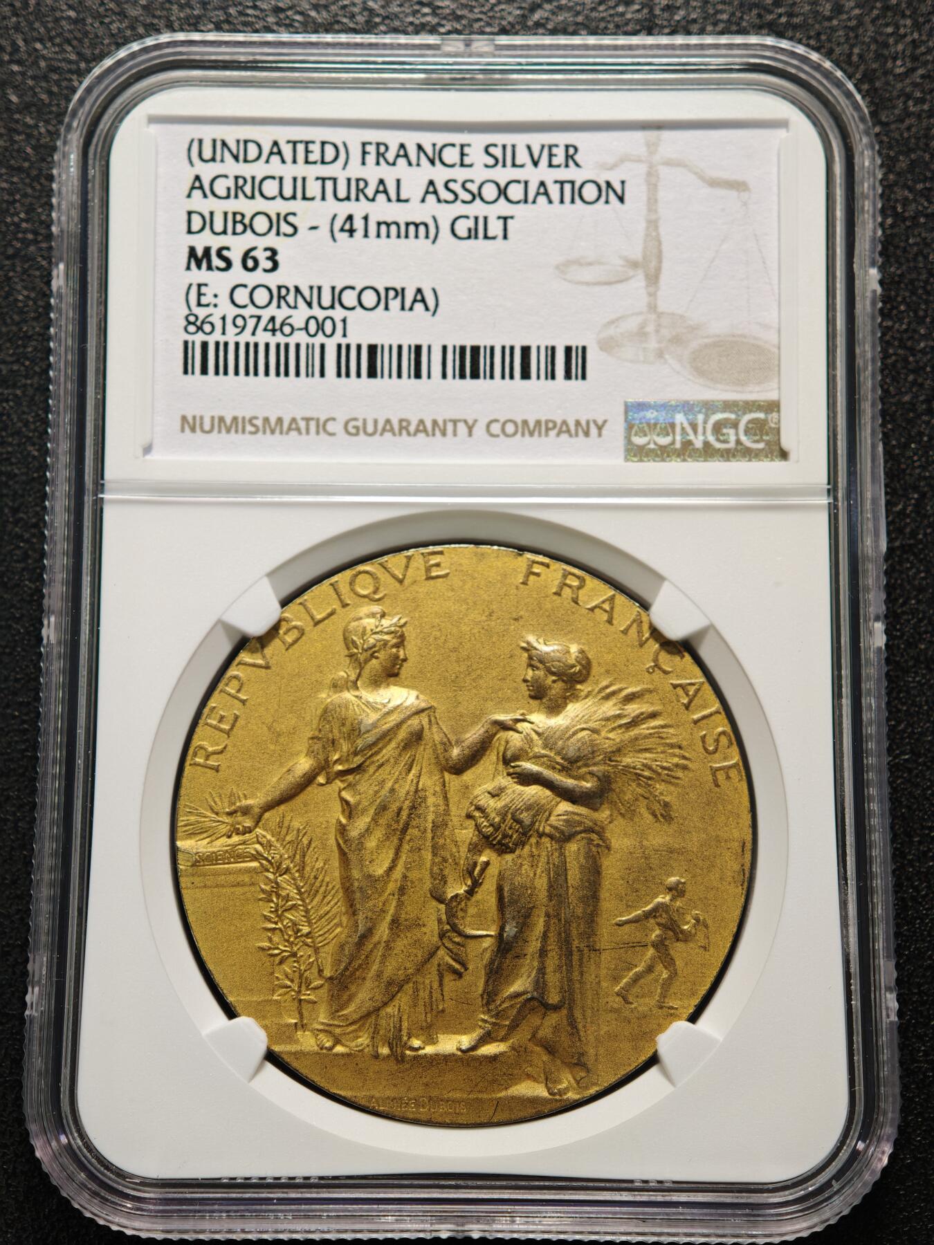 【德藏】世界币章拍卖第152期（拍品征集中~欢迎藏友联系） 19世纪末-20世纪初 法国农业协会奖章镀金纪念银章 金水十足 人物刻画传神 细节极其丰富 立体感非常强 NGC MS63