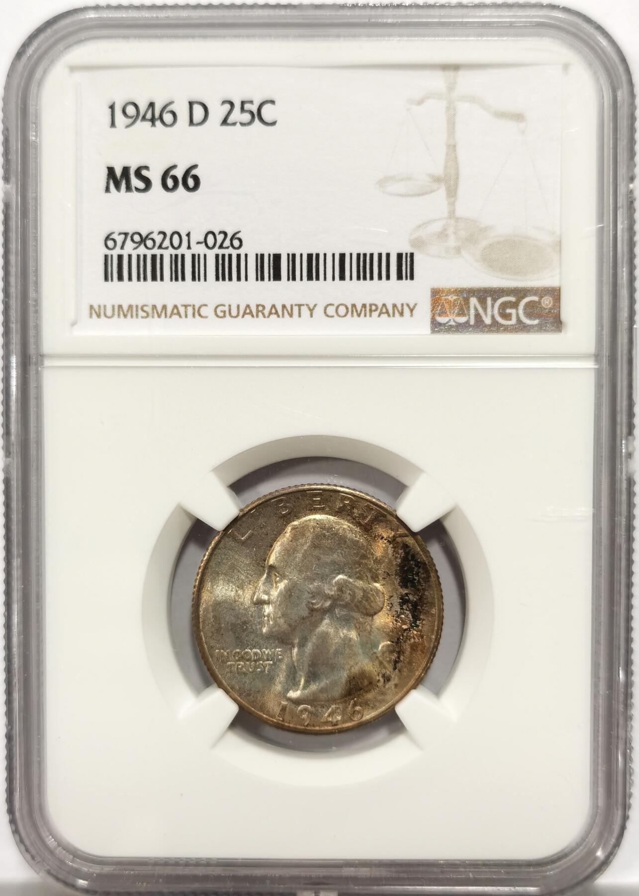 博洋堂“物美丰成”11月精品专场暨第145期（全场包邮） NGC MS66美国1946-D版华盛顿25美分，40年代版本，比后期批量5X6X的难太多了，卷首阴阳币，鹰面仿佛刚铸造出来，早期高分很难得了