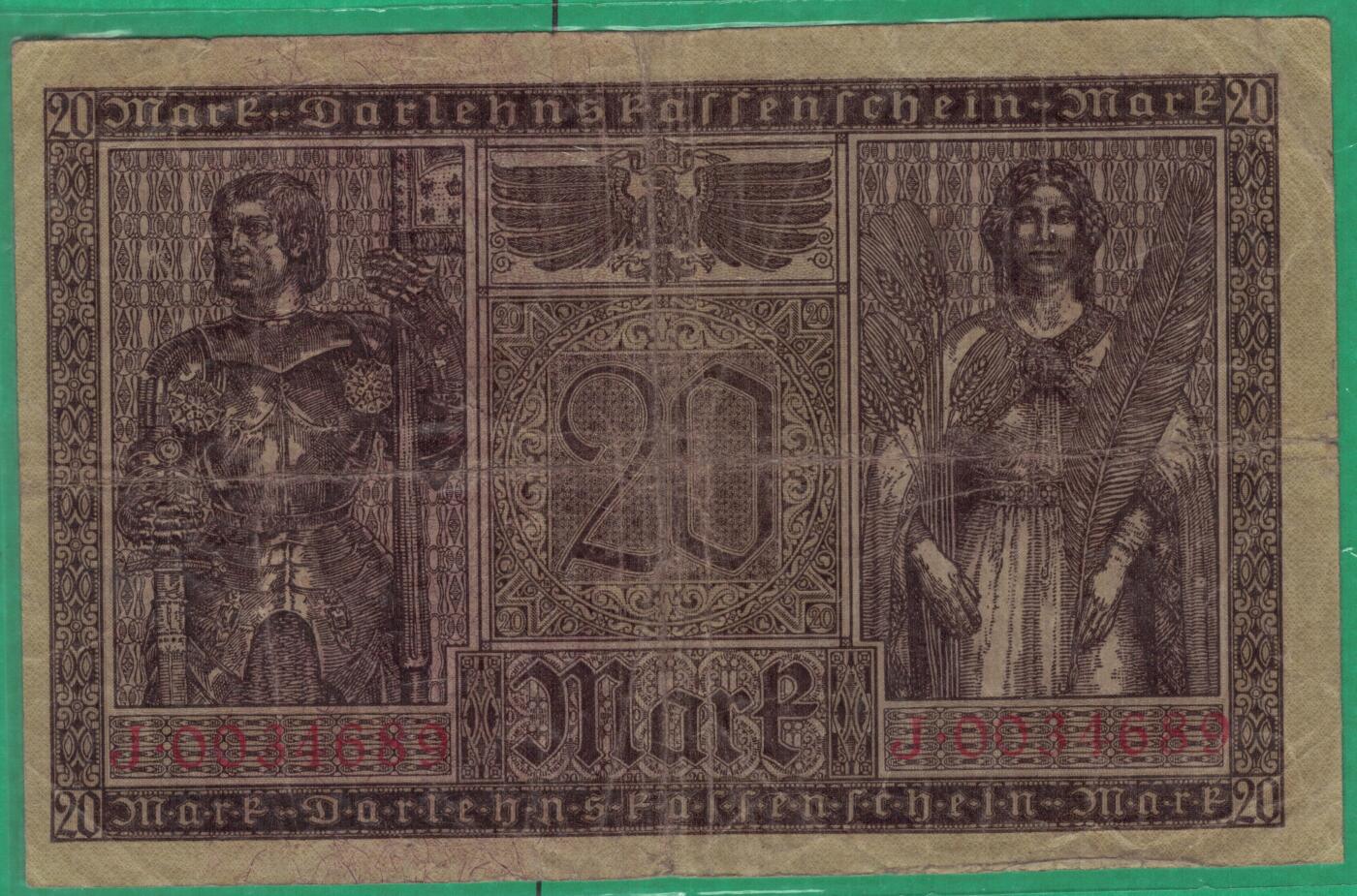 德国1918年20马克 P-57 一战战时债券 实物图 八五品